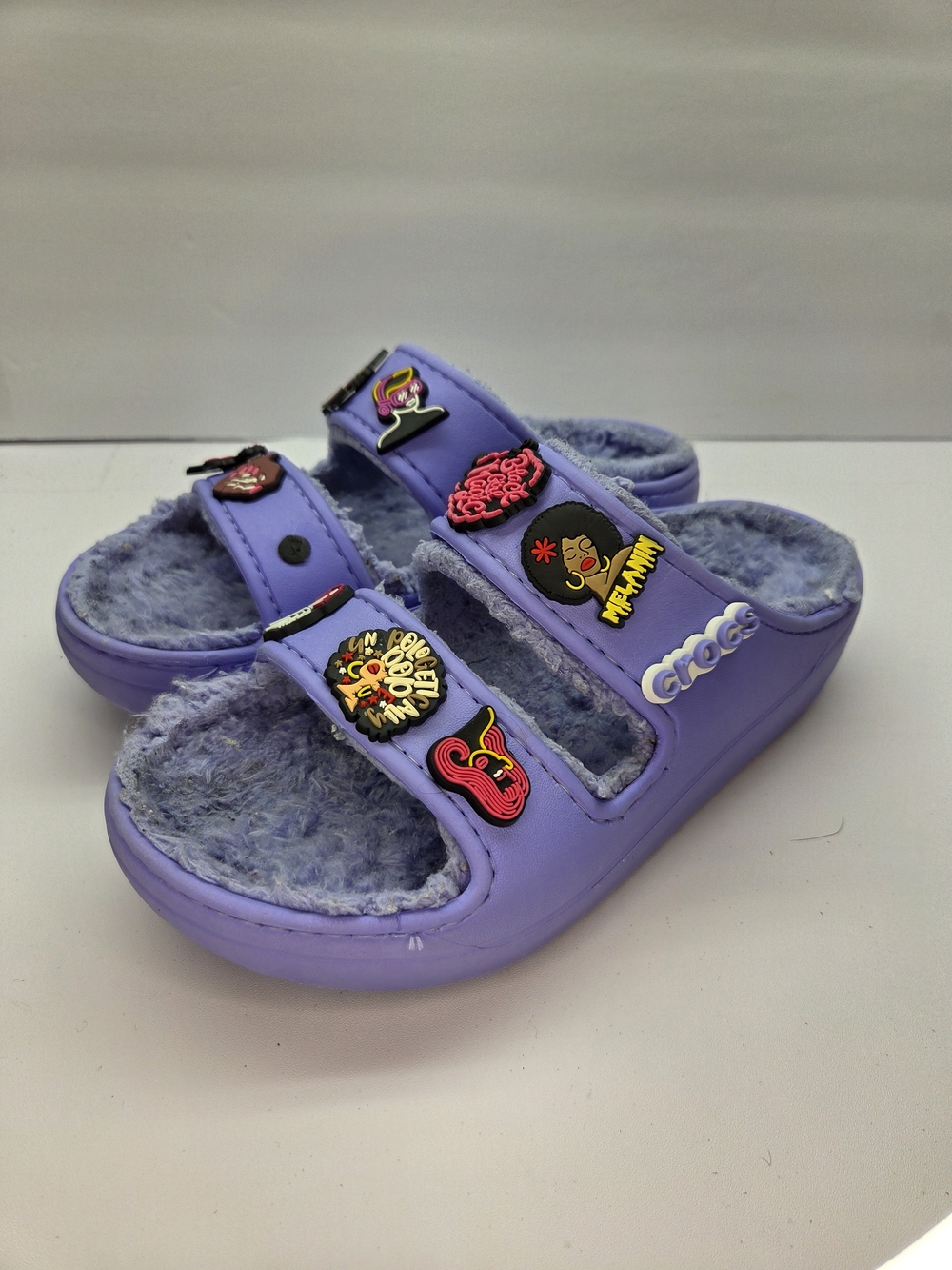 Crocs Women's Fuzzy Lined Slide Sandals Lavender Purple Jibbitz Charms Size 8